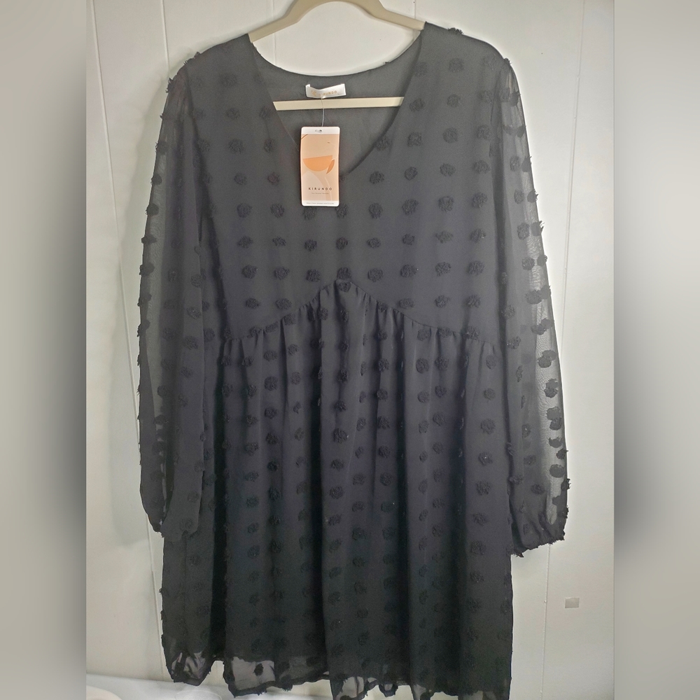 Kirundo women's dress long sleeve V neck flowy mini lined dress  black